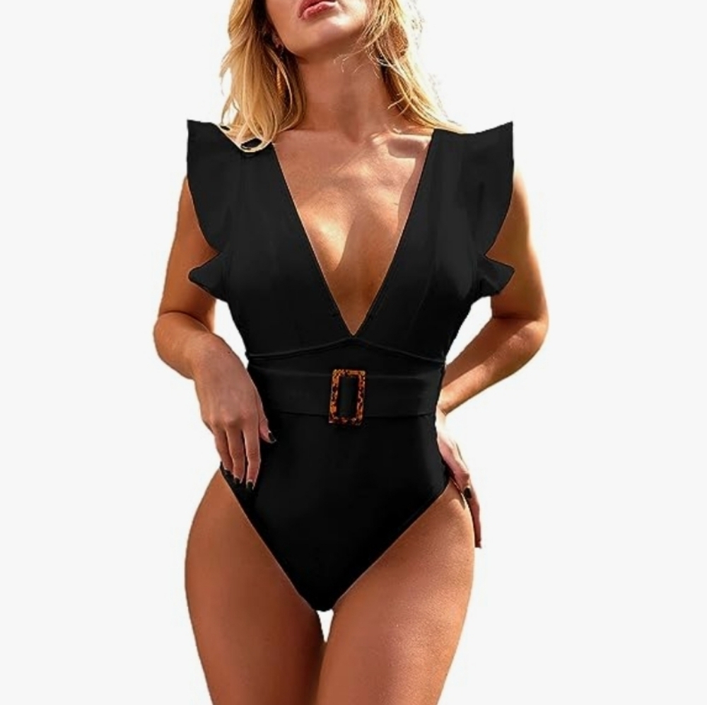 One Piece‎ Sexy Retro Inspo Swimsuit Ruffle Deep V Neck Strappy . SZ XXL & L